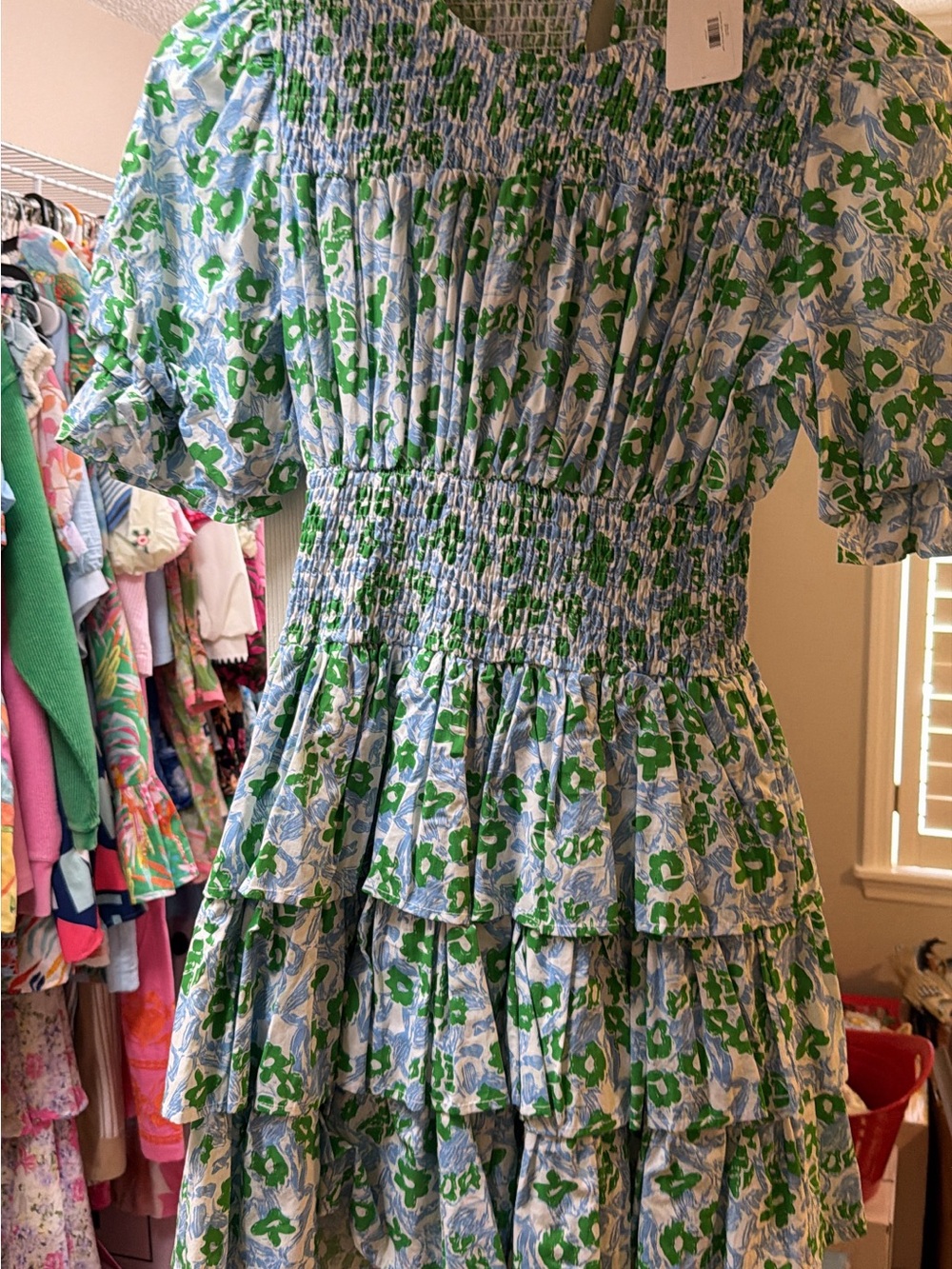 Smocked Tiered Womens Dress in Blue and Green Floral